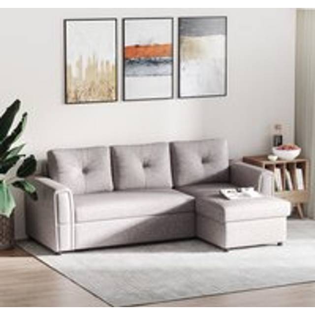 HOMCOM Linen-Look L-Shaped Sofa Bed - Light Grey