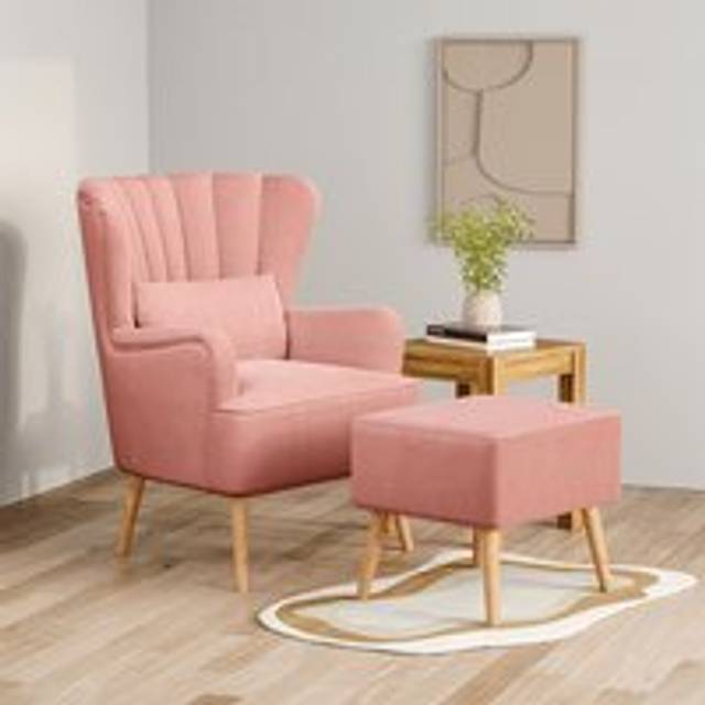 Curved Back Armchair with Footstool - Ash Pink