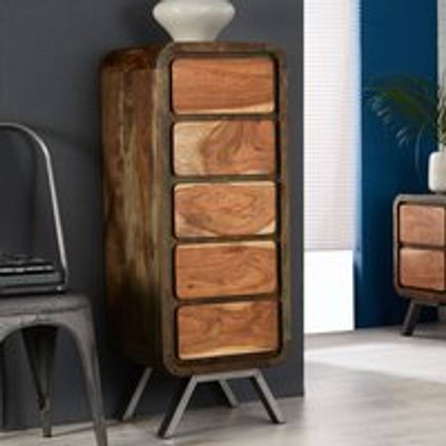 Retro Reclaimed Wood Tallboy Chest of 5 Drawers - Two-Tone - Brown