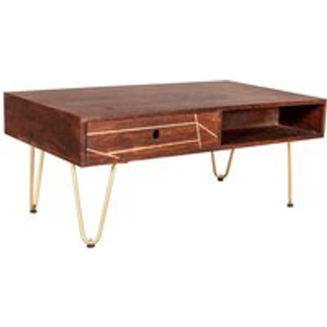 Dark Walnut and Gold Rectangular Coffee Table with Drawer - Dark Wood - Brown