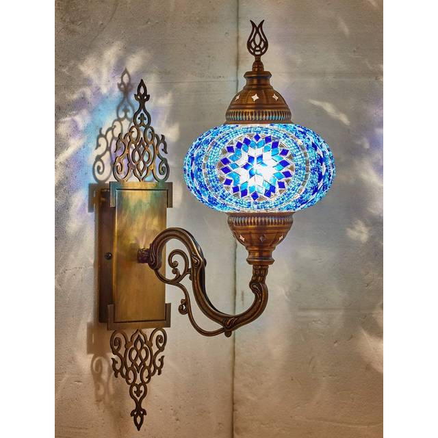 Turkish Moroccan Mosaic Plug in Wall Sconce Lamp with 5.2-Foot Cord, Handmade Tiffany Style Glass Globe with Colorful Hand Cut Glass Mosaics and Glass