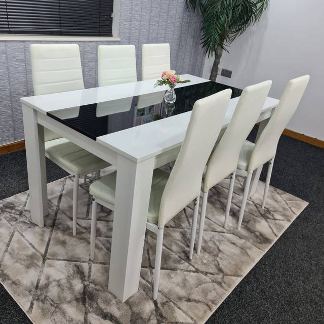 Wallaston White And Black Wood Dining Table With 6 White Metal Faux Leather Chairs High Gloss Dining Set (6)