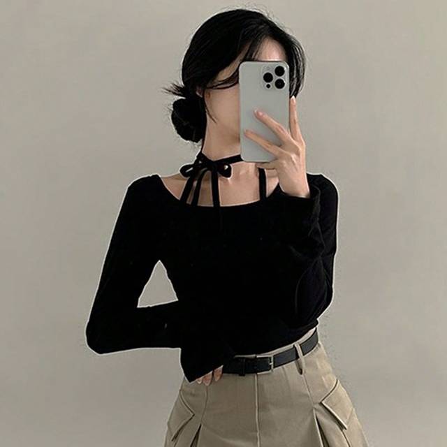 DAZY Women Casual Solid Color Bow Tie Tight T-Shirt, Spring And Autumn