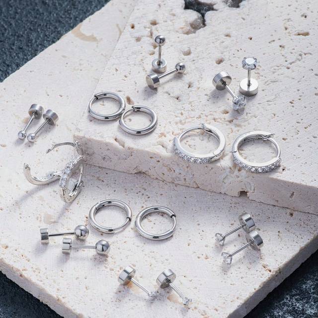 SHEIN 10 Pairs Small Silver Hoop Stud Earrings For Women, 18K Gold Plated Tiny Stainless Steel Earrings Sets For Multiple Piercing, Dainty Huggie Hoop Earri