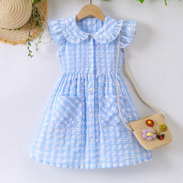 SHEIN Young Girl Country Style Peter Pan Collar Blue Picnic Plaid Sweet Dress