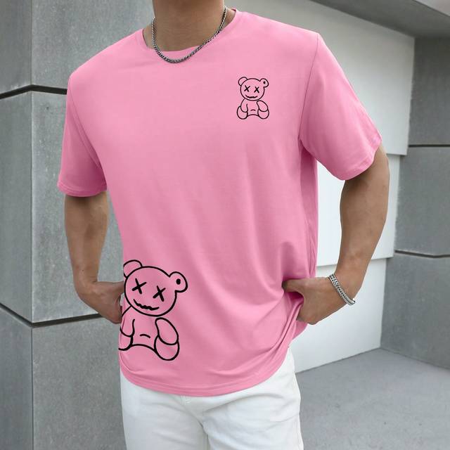Manfinity Men Plus Size Short-Sleeved T-Shirt With Bear Print, Going Out Street Wear