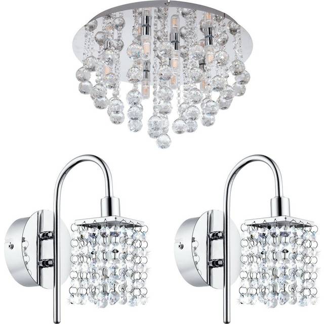 Low Ceiling Light & 2x Matching Wall Lights Chrome & Crystal Ip44 Bathroom Lamp
