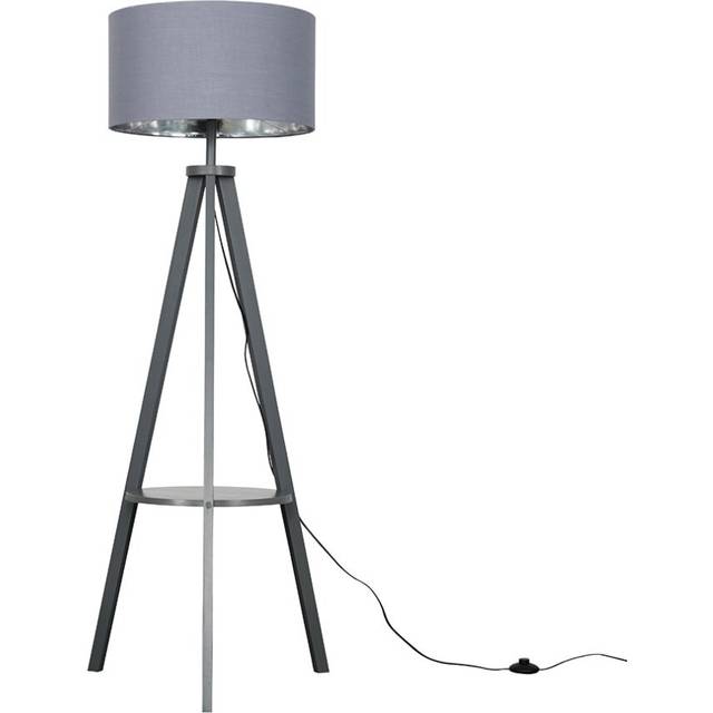 Modern Grey Wood Tripod Design Floor Lamp with Storage Shelf & Grey/Chrome Drum Shade - Complete with a 6w LED Bulb [3000K Warm White]