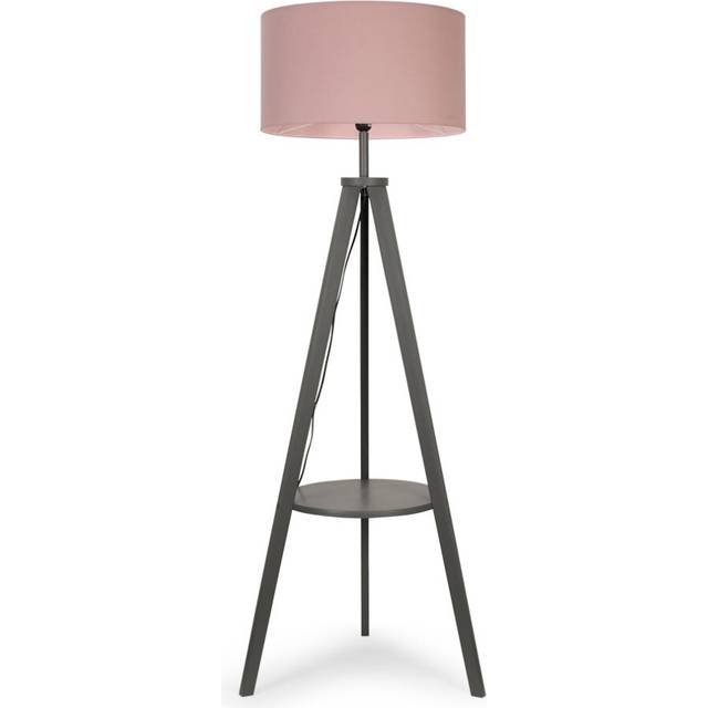 Modern Grey Wood Tripod Design Floor Lamp with Storage Shelf & Pink Drum Shade - Complete with a 6w LED Bulb [3000K Warm White]