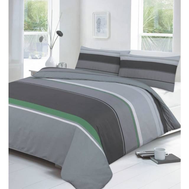 (King, Green) Carter Striped Duvet Cover Set Bedding with Pillowcases