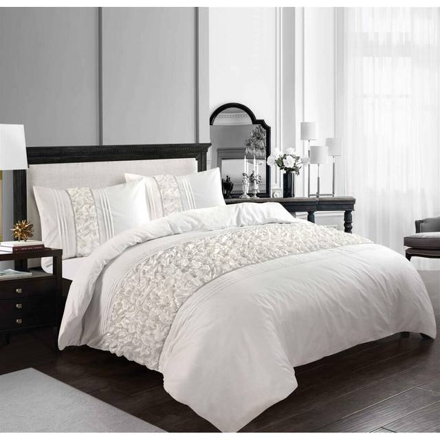 (Double, White) Aurora Crinkle Panel Duvet Cover Set Diamonte Detail Bedding White