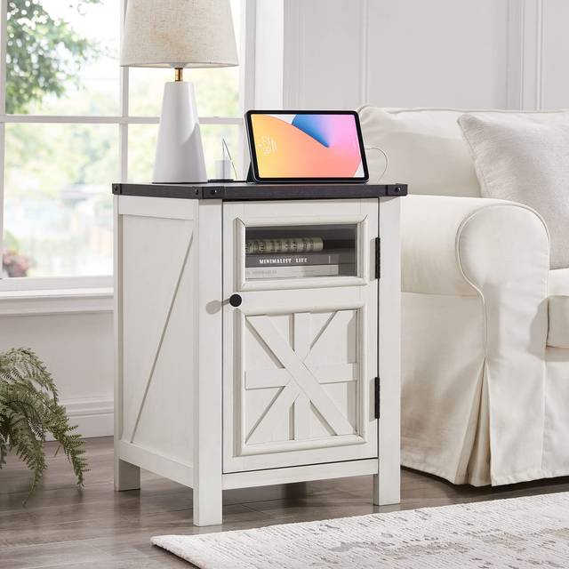 JXQTLINGMU Farmhouse Nightstand with Charging Station - Modern Bed Side Table with 3-Tier Storage, Adjustable Feet - Rustic End Table for Bedroom,