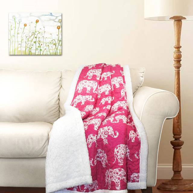 Lush Decor Pink and White Elephant Parade Throw Fuzzy Reversible Sherpa Blanket 60A x 50, 60 x 50
