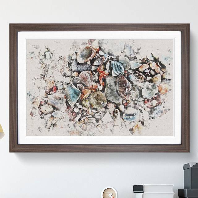 Shells on the Beach Vol.2 Watercolour - Picture Frame Graphic Art - Walnut (27cm H x 36cm W x 2cm D)