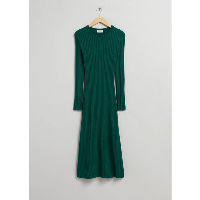 Bottle Green Rib Fit & Flare Midi Dress (S)