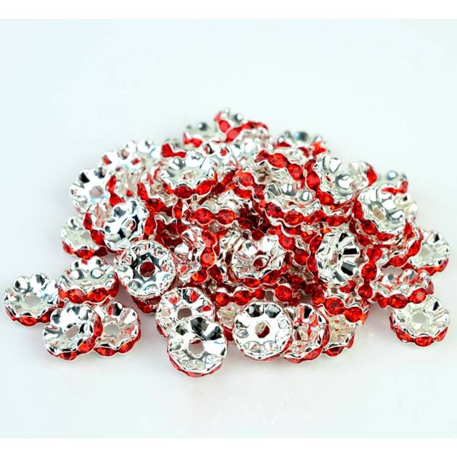 RUBYCA 100pcs 8mm Wavy Rondelle Spacer Beads Silver Tone Light Siam Red Czech Crystal for Bracelet Necklace Jewelry Making