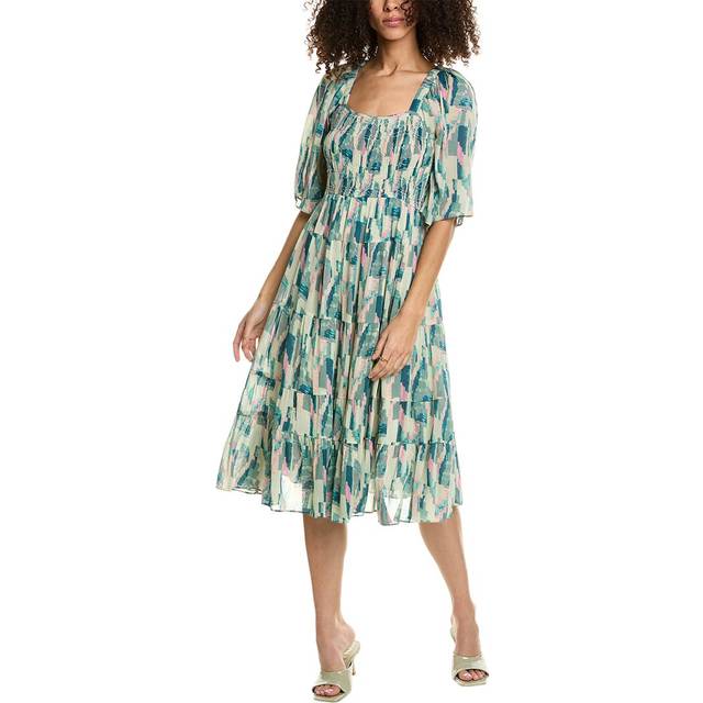 Teoli Midi Dress - BLUE - The beautiful Teoli dress is a wardrobe must-have. How can you resist this style with 3/4-length sleeves, a square neck and a romantic ruffle skirt? You'll love the seam detailing at the top with the geometric lines, as well as the graphic print. Wear this dress with boots, sandals or trainers, and accessorise with a necklace and a cross-body bag.