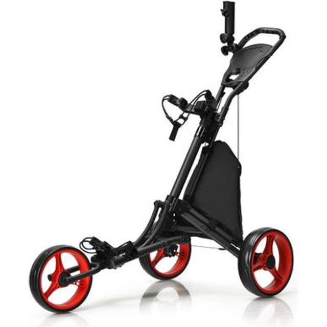 Costway Red 3 Wheel Golf Push Pull Cart with Adjustable Height Handle - 83 x 32 x 30cm