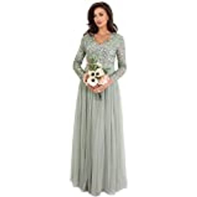 V Neck Embellished Long Sleeve Maxi Dress - Mint - 12