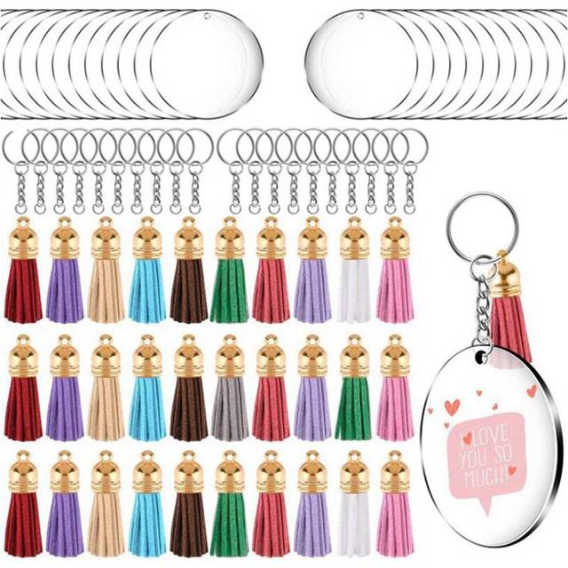 Acrylic Circle Keychain Blanks Clear Kit 120Pcs for Cricut Vinyl Project, Including Acrylic Disc Blanks, Tassels, Golden