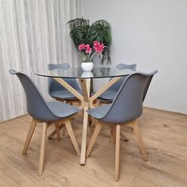 Portland 4 Seater Round Dining Table Set Oak Effect and Grey - Clear