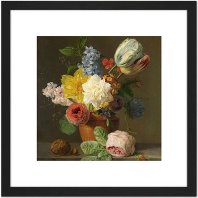 Oberman Still Life With Flowers Nuts Painting 8X8 Inch Square Wooden Framed Wall Art Print Picture with Mount - Black - One Size