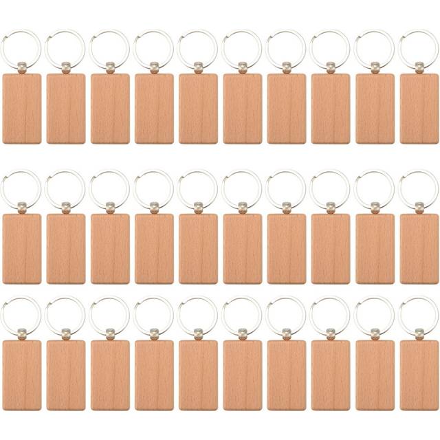 30Pcs Blank Rectangle Wooden Key Chain Diy Wood Keychains Tags Can Engrave Gifts