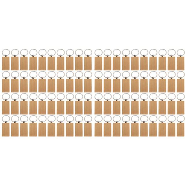 80Pcs Blank Rectangle Wooden Key Chain Diy Wood Keychains Tags Can Engrave Gifts