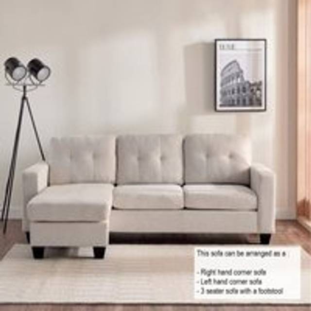 Luna Linen Fabric 3 Seater Convertible Sectional Sofa with Footstool in Beige