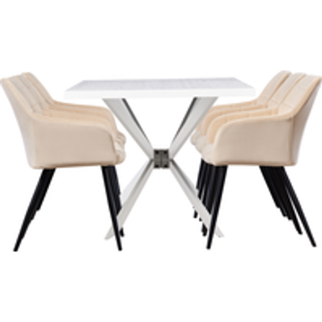 Duke lux Camden Dining Set - a White Wooden Dining Table and Set of 6 Cream Velvet Dining Chairs - Dining Room Kitchen