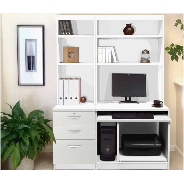 R White Home Office Tall Narrow Desk with Shelving, White