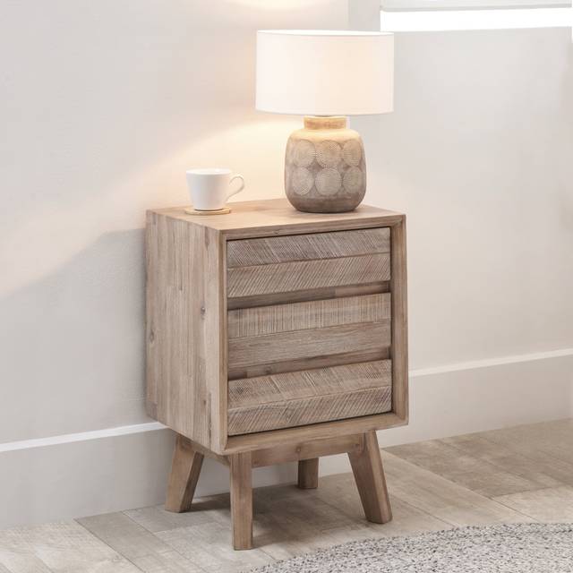 Briela Sand Wash Acacia Wood 3 Drawer Bedside Table - White;White Wash Wood (66cm H X 45cm W X 36cm D)