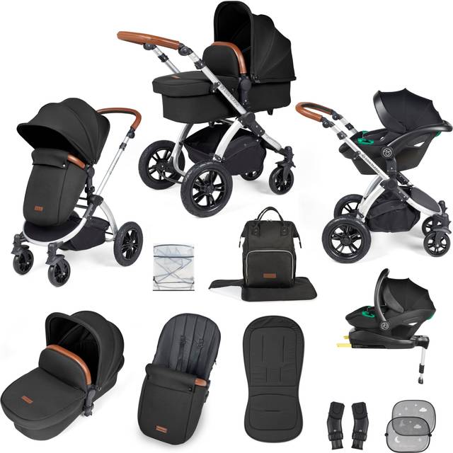Ickle Bubba Stomp Luxe Black Frame Travel System with Stratus i-Size Car Seat & Isofix Base - Midnight/Tan