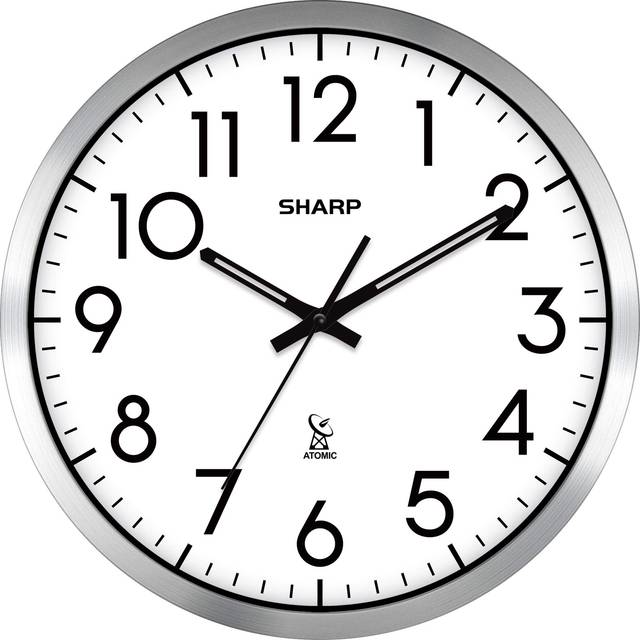"SHARP Atomic Analog Wall Clock - 12"" Silver Brushed Finish Sets Automatically- Battery Operated Easy to Read Use: Simple, Style fits Any Decor"
