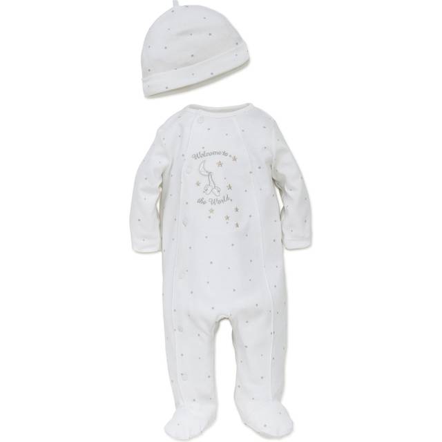 Little Me Unisex Baby 2 Piece Footie and Cap, Welcome World, White, Newborn