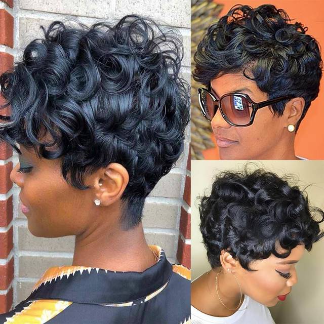 Pixie Cut Wig Short Wigs for Black Women Short Black Curly Pixie Cut Wigs Natural Black Wavy Synthetic Hair Short Wig with Bangs Pixie Wig for WomenNa