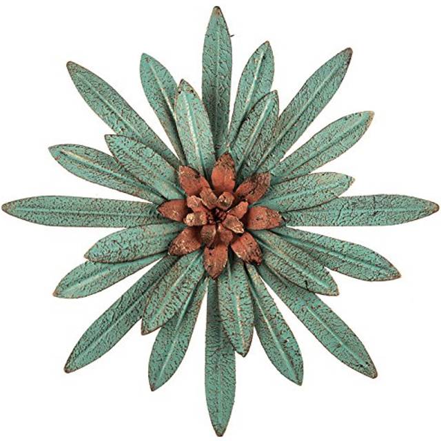 Everydecor Distressed Turquoise with Red Center 3D Metal Flower Wall Art Decor - Hand Painted Teal Rusty Floral Sculpture Hanging Decoration for Home