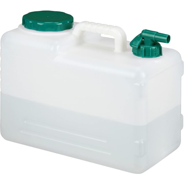 Relaxdays Water Canister with Tap, 15 Litres, Camping Container, BPA-Free Plastic, Wide Opening, Handle, White/Green