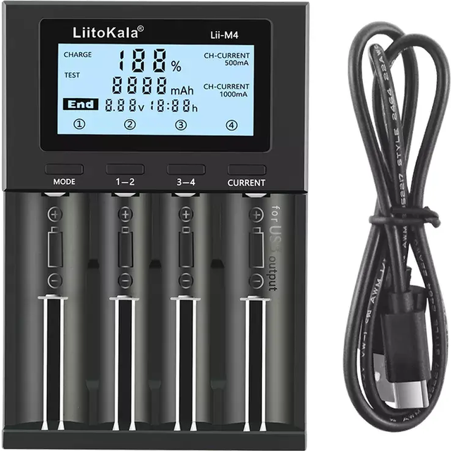 LIITOKALA LII-M4 4 Slots Battery Charger with LCD Display for 18650 26650 14500 AA AAA Lithium NiMH black