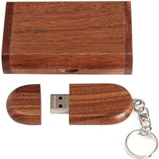 USB 2.0 Flash Drive Wood Memory Stick USB Stick Data Storage Pendrive with Wooden Box (64GB, Ellipse Brown)