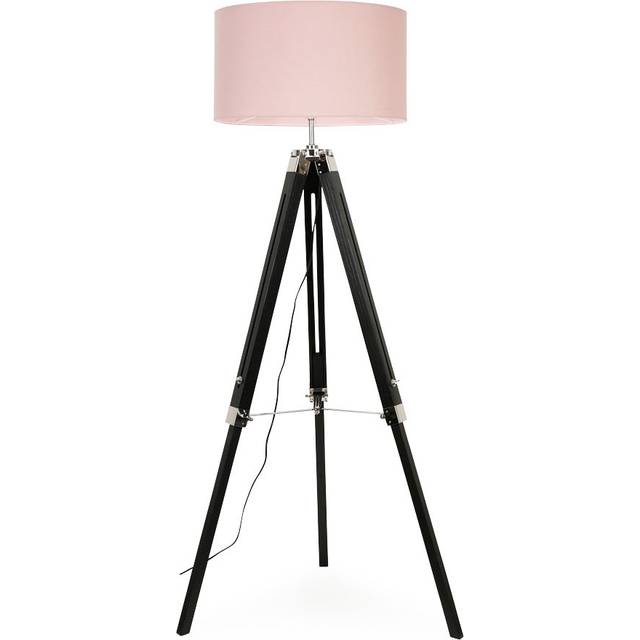 ValueLights Clipper Black Wood Tripod Floor Lamp with Large Blush Reni Shade