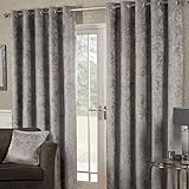 Crushed Velvet Eyelet Curtain Pair - Silver / 168cm / 183cm