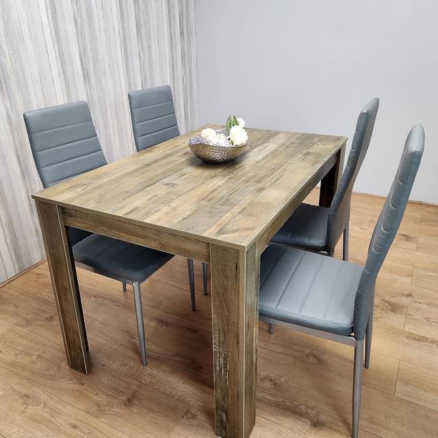 Kosy Koala - Dining Table and 4 Chairs Rustic Effect Wood Table 4 Grey Leather Chairs Dining Room