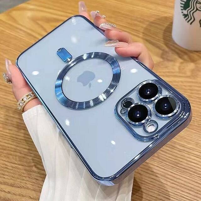 (For iPhone 12Pro Max, Sky Blue) Luxury Wireless Charging Transparent Magsafe Case For iPhone 14 13 12 MINI Pro Max Plus Mini Soft Cover