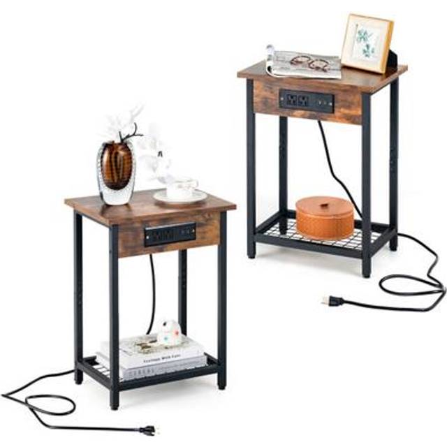 Nightstand Set of 2 with Charging Station and Open Shelf