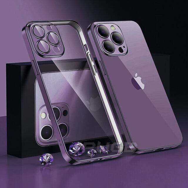 (for 12 pro max, deep purple) Luxury With Lens Protector Transparent Silicone Case For iPhone 14 12 13 Pro Max plus Plating Clear Cover