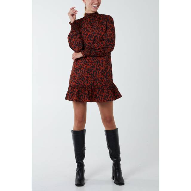 Womens Abstract Print High Neck Mini Smock Dress - Red - 10