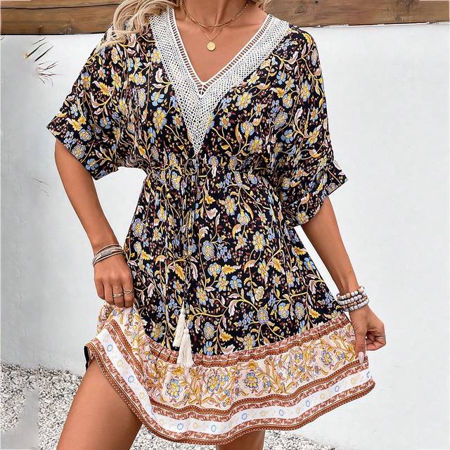 SHEIN Women&#39;s Color Block Embroidery Applique V-Neck All Over Printed Dress