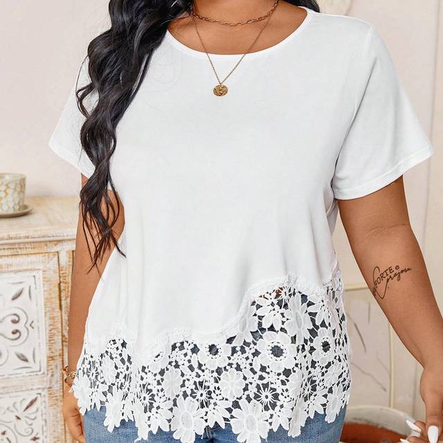 Calvaya Plus Size Embroidered Floral Decor Short Sleeve T-Shirt
