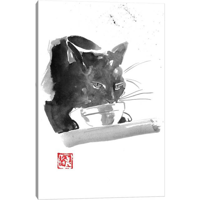 Drinking Cat - Print on Canvas - Wrapped Canvas (20.32 cm H x 30.48 cm W)